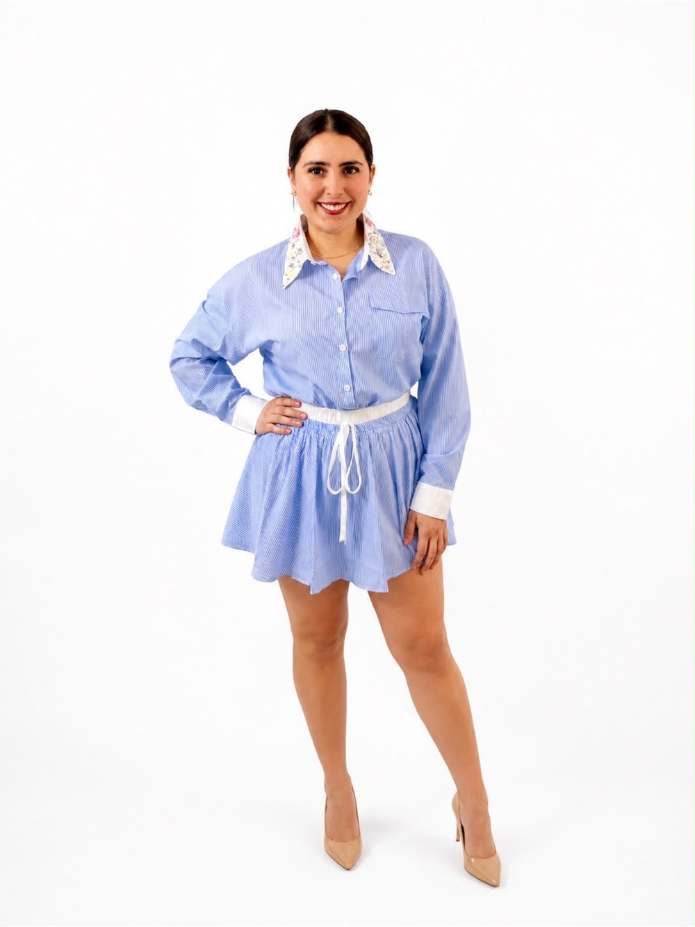 Blue Striped Shirt & Pleated Mini Skirt Set Floral Collar